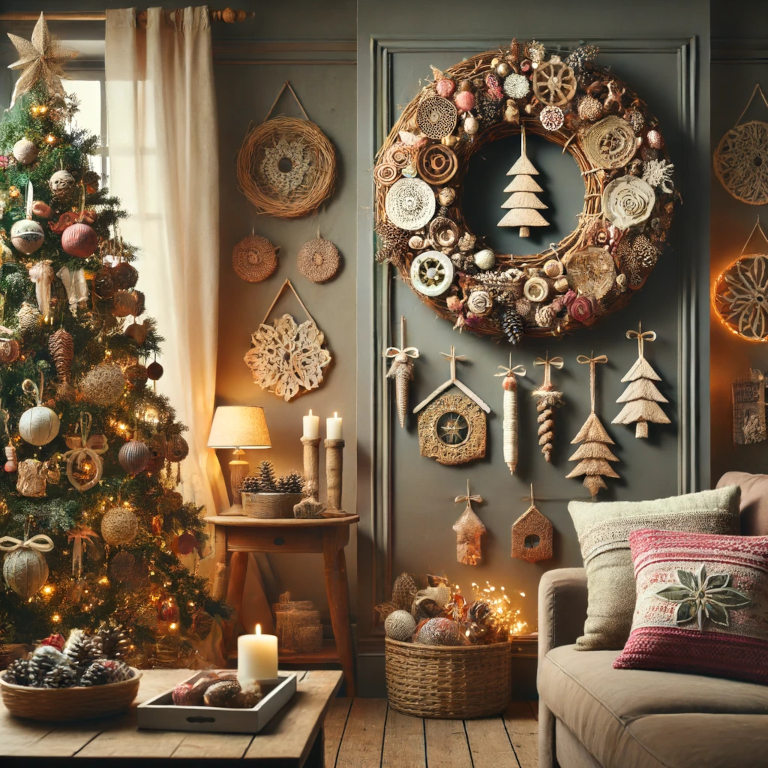 Cozy living room scene with DIY holiday decorations including a wreath on the door, ornaments on a Christmas tree, and a homemade centerpiece on a coffee table.