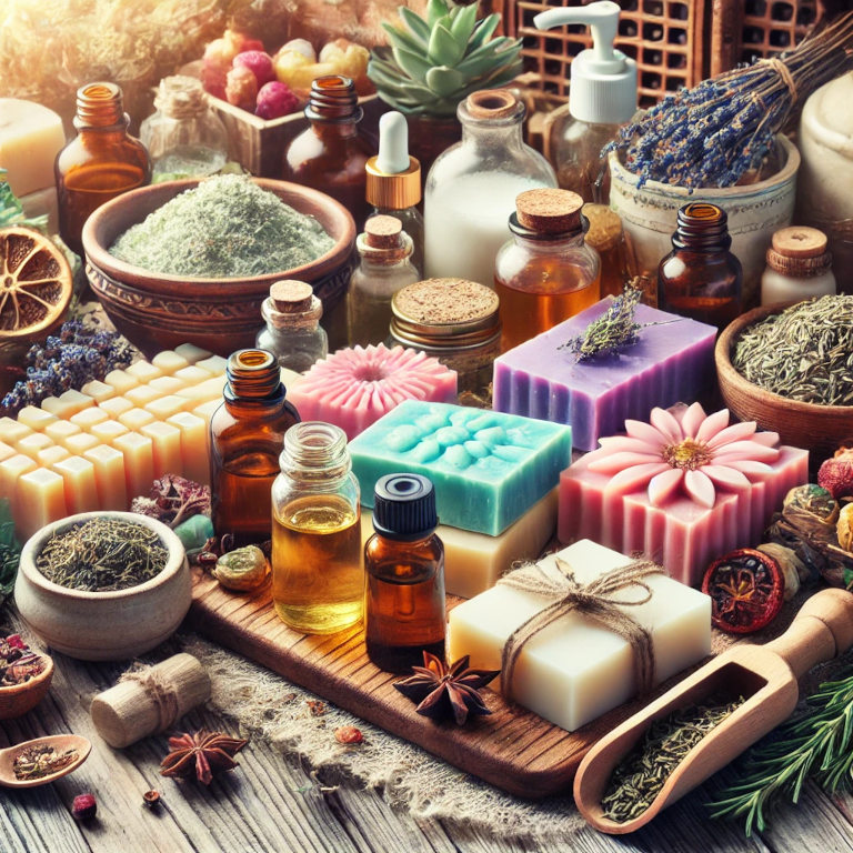 A variety of soap-making elements such as colorful handmade soaps, essential oils, natural additives like dried herbs and flowers, and soap molds arranged aesthetically on a wooden countertop in a cozy, well-lit kitchen setting.