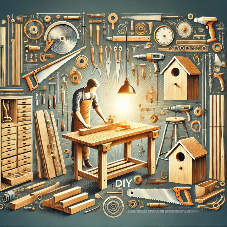 A visually captivating graphic featuring elements such as woodworking tools like saws, drills, and clamps, a workbench, and wooden projects like shelves, birdhouses, and cutting boards. The scene includes a person working on a woodworking project, with natural light illuminating the workspace, symbolizing DIY woodworking.