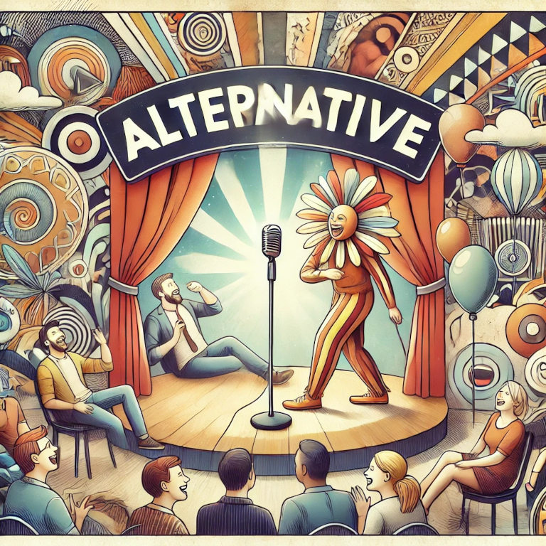 A stage with a spotlight, an unconventional comedian performing in a unique costume, and a diverse audience laughing. The backdrop includes whimsical and surreal elements, like abstract shapes and playful designs, reflecting the experimental nature of alternative comedy.