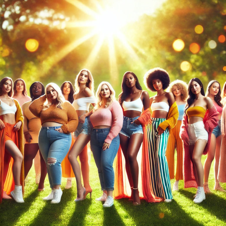 A diverse group of people of different body types, ages, and ethnicities confidently posing together in a bright, natural setting, dressed in colorful, stylish clothing.