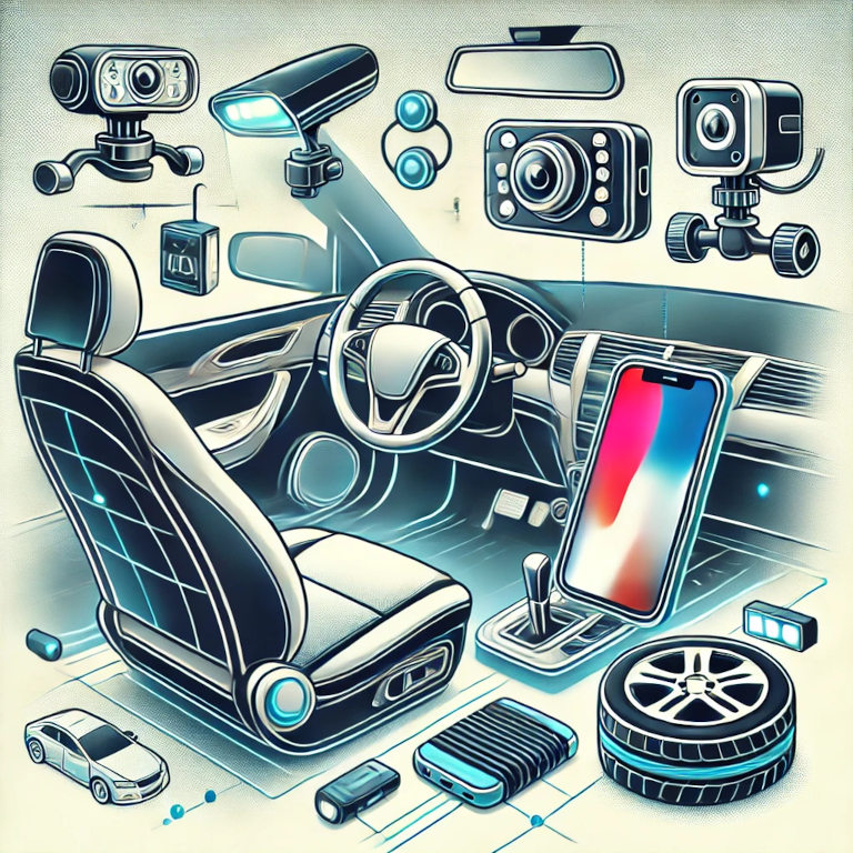 A variety of car accessories such as a dash cam, magnetic phone mount, ergonomic seat cushion, LED interior lights, and a tire pressure monitoring system, all arranged neatly inside a modern car interior.