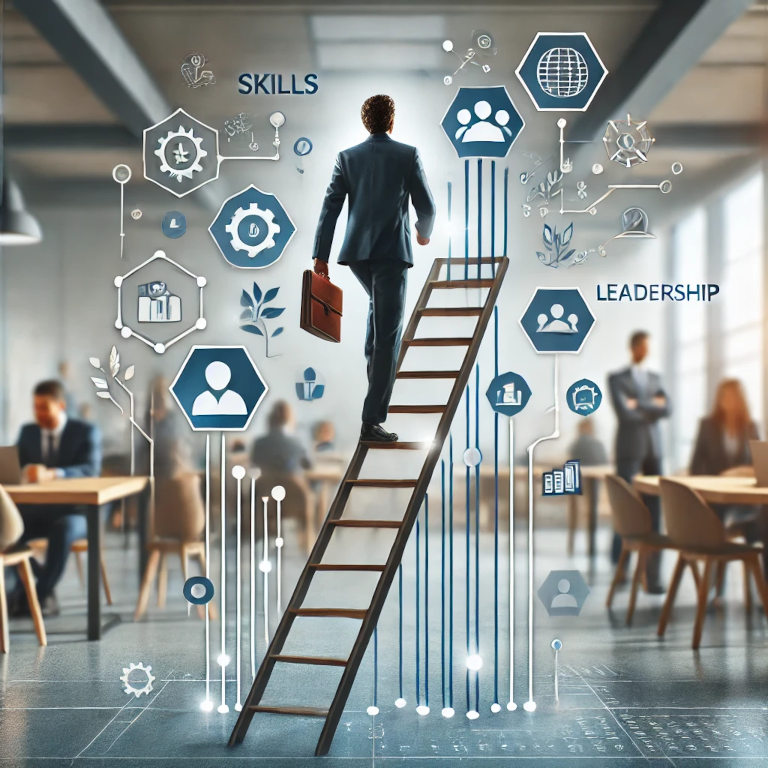 A professional individual climbing a staircase or ladder, symbolizing progress, with surrounding elements representing skills, networking, leadership, and personal branding in a modern office environment.