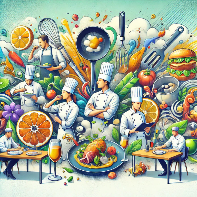 A visually captivating graphic featuring chefs in action, colorful and beautifully plated dishes, judges tasting food, and a vibrant kitchen environment with various cooking utensils, symbolizing the excitement and creativity of cooking competitions.