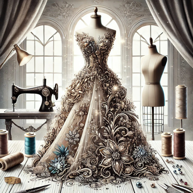 A stunning couture gown on a dress form surrounded by luxurious fabrics, intricate embellishments like beads and sequins, and sewing tools. The background shows an elegant atelier with large windows letting in natural light, highlighting the artistry and craftsmanship of couture fashion.