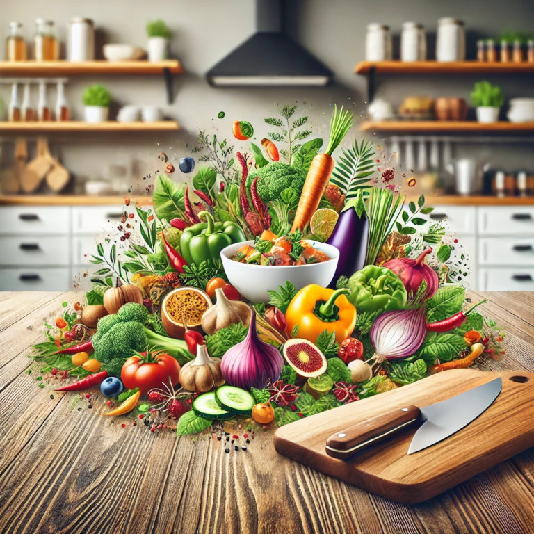 A vibrant kitchen scene with a variety of colorful fruits and vegetables, herbs, and spices beautifully arranged on a wooden countertop. Elements like a chef’s knife, cutting board, and a bowl of a healthy, balanced dish are also present. The background shows a modern kitchen with natural light, emphasizing a fresh and health-focused atmosphere.