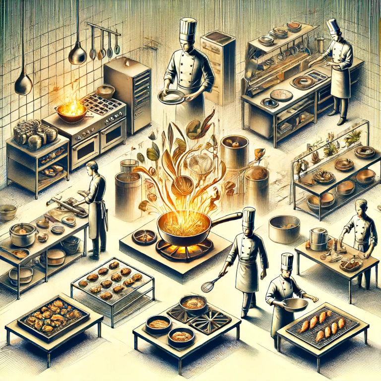 Sophisticated kitchen with chefs performing various culinary techniques: sautéing vegetables, braising meat, steaming fish, grilling meat, and baking dough.