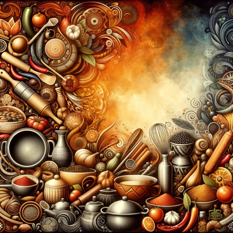 Artistic depiction of global culinary traditions, showcasing diverse cooking elements like spices and traditional cookware.