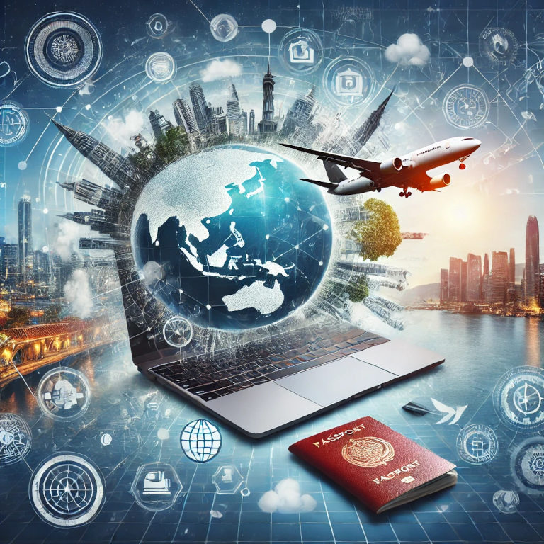 A visually captivating graphic featuring a laptop, a globe, a passport, travel icons like a plane and a suitcase, and scenic backgrounds of famous landmarks, symbolizing the digital nomad lifestyle.