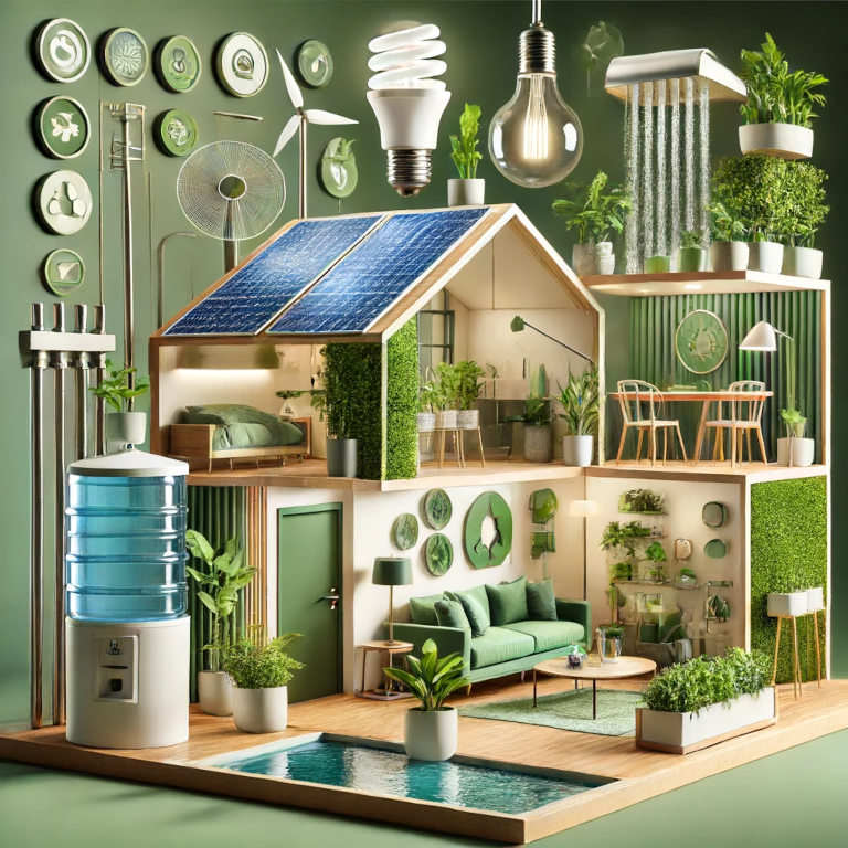 An artistic representation of a home equipped with eco-friendly technologies including solar panels, LED lighting, and indoor plants.