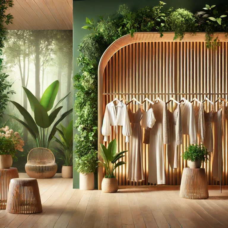 Elegant fashion boutique showcasing clothing made from sustainable materials like organic cotton and bamboo, with lush green plants emphasizing sustainability.