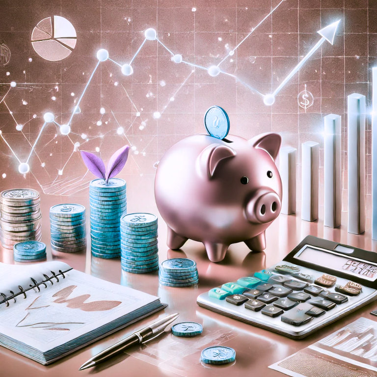 A visually captivating graphic featuring a piggy bank, stacks of coins, a calculator, an upward-trending graph, and investment charts, symbolizing financial literacy.