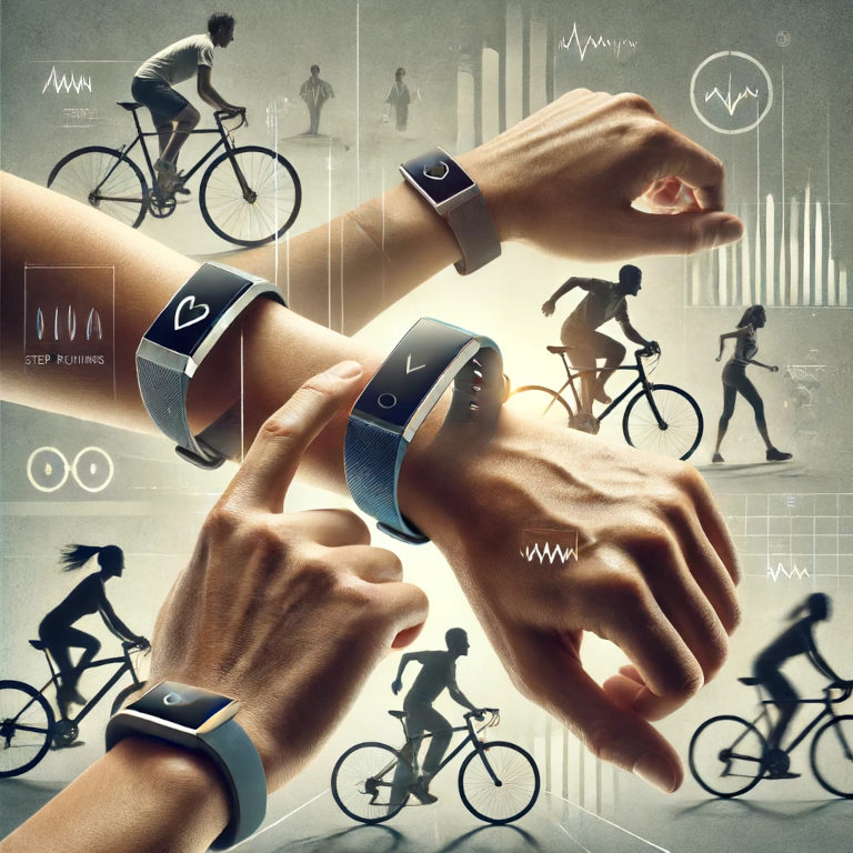 A variety of people using different styles of fitness trackers during activities like running, walking, and cycling.