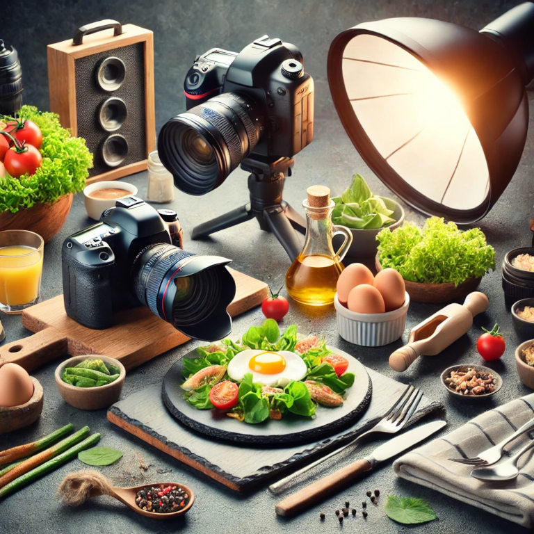 A visually captivating graphic featuring elements such as a DSLR camera, beautifully plated dishes, lighting equipment, and props like fresh ingredients and utensils, symbolizing food photography.