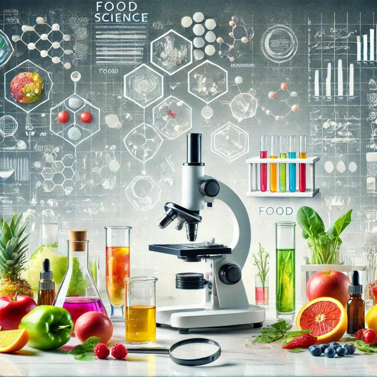 Modern kitchen laboratory with scientific instruments, beakers, test tubes with colorful liquids, molecular structures, fresh fruits and vegetables, and a microscope.