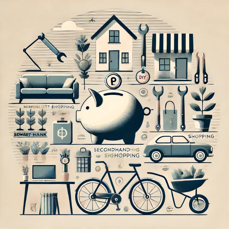 Graphic representation of frugal living showing minimalist home interior, a piggy bank, DIY tools, a bicycle, and a vegetable garden, symbolizing budgeting and self-reliance.