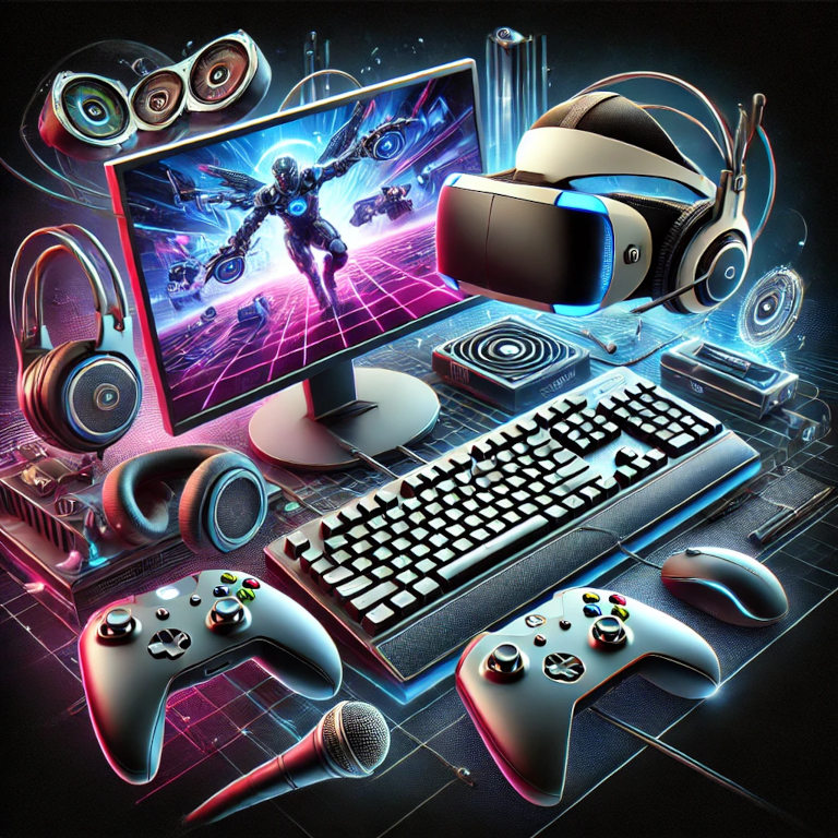 A visually captivating graphic featuring gaming accessories such as a gaming headset, mechanical keyboard, gaming mouse, controller, and VR headset. The scene includes a modern gaming setup with a high-resolution monitor displaying vibrant gameplay, and additional accessories like a gaming chair and mouse pad, symbolizing an immersive gaming experience.