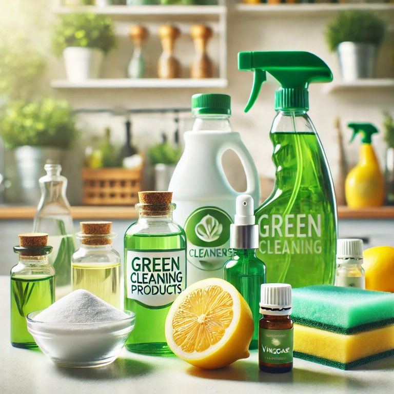 An assortment of green cleaning items such as bottles of natural cleaners, a jar of baking soda, a lemon, a spray bottle with vinegar, and essential oils, arranged on a clean kitchen countertop with a bright, fresh, and eco-friendly atmosphere.