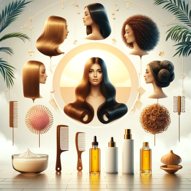 An artistic representation of different hair types and their specific care routines, featuring items like a wide-tooth comb, natural oils, and a hydrating mask.