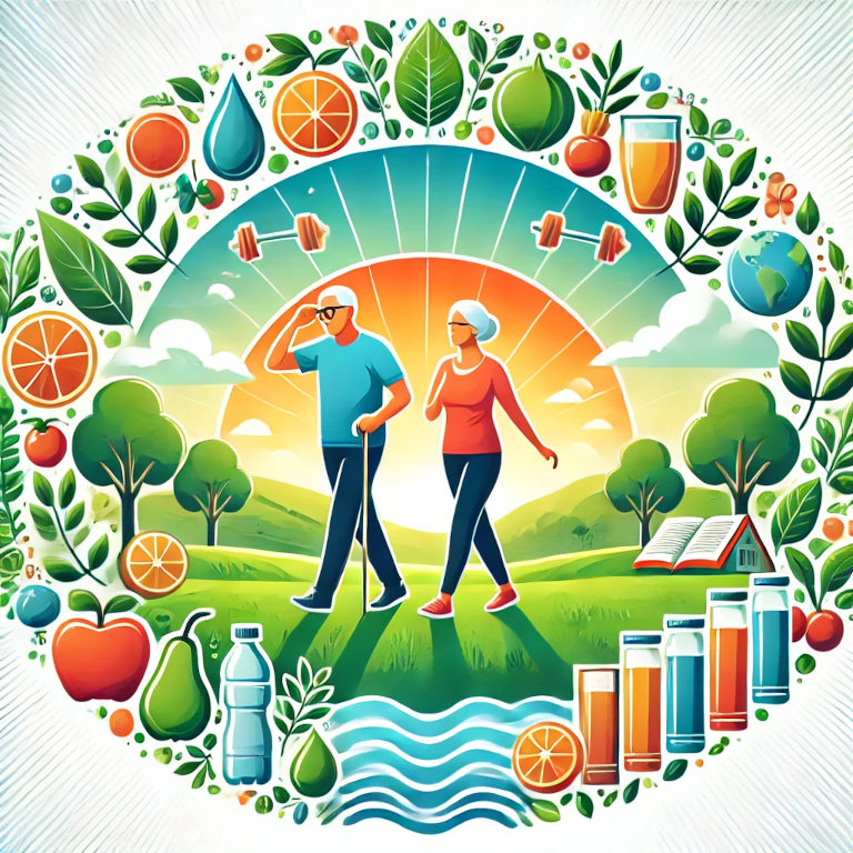 Active elderly couple engaged in outdoor activities such as walking and yoga in a park, surrounded by symbols of healthy living like fruits, vegetables, water, and books, with a vibrant and lush setting