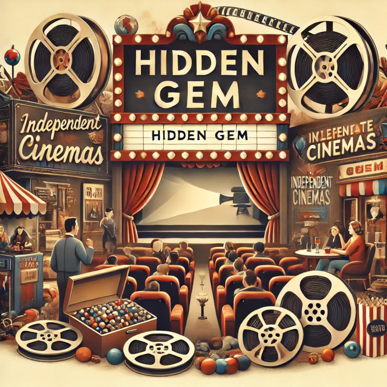 A visually captivating graphic featuring a vintage theater marquee, a cozy and intimate cinema interior, classic film reels, and a diverse audience enjoying a screening, symbolizing hidden gem cinemas.