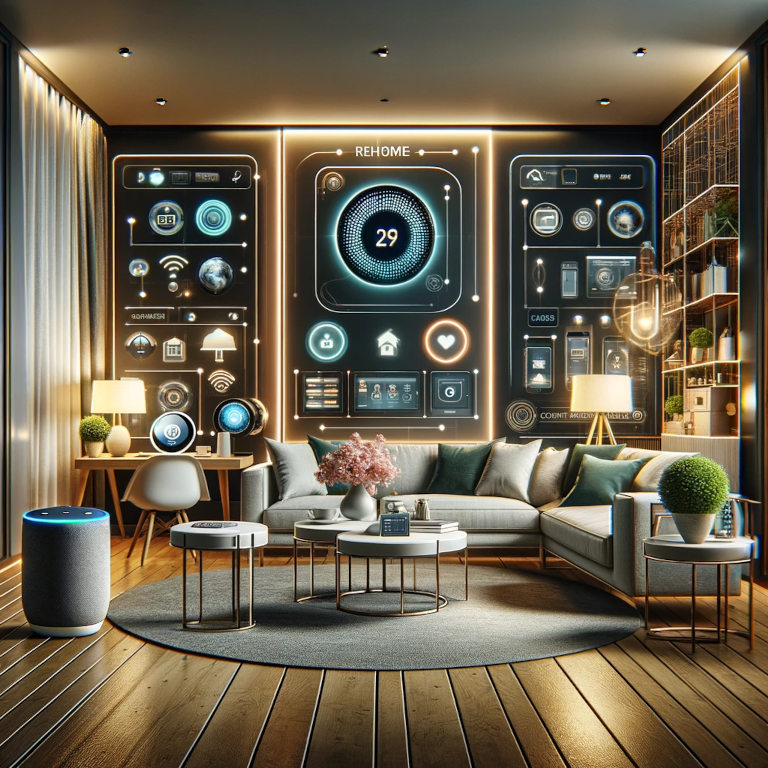 A modern living room featuring smart devices including a smart thermostat, ambient lighting, and a home hub device, illustrating home automation systems.