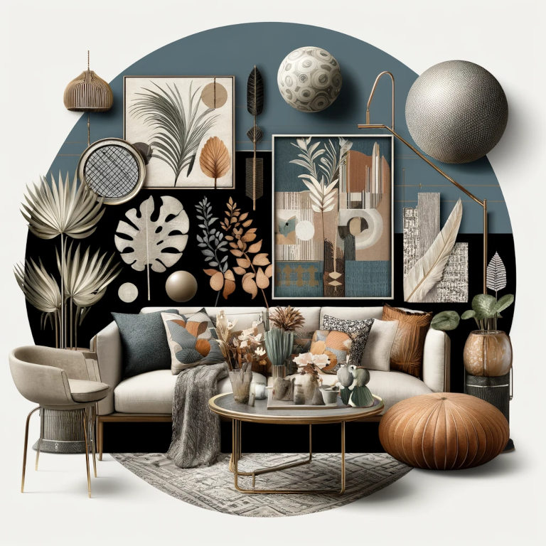 A tasteful graphic representation of modern and vintage home decor trends featuring biophilic design, smart technology, and vibrant patterns.