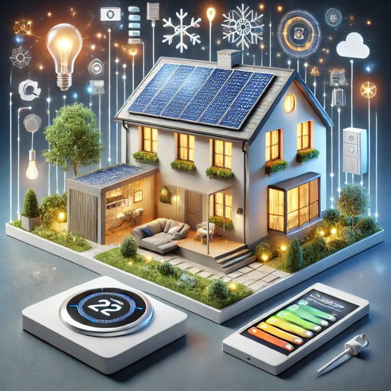 A visually captivating graphic featuring a well-insulated house with solar panels on the roof, energy-efficient windows, LED lighting, and a smart thermostat, symbolizing home energy efficiency.