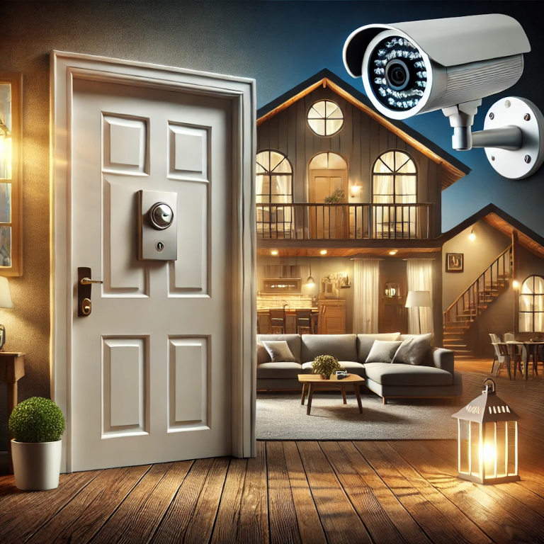 A cozy home with visible security elements such as a door with a deadbolt lock, windows with secure locks, outdoor motion-activated lights, and a security camera. The background includes a well-lit, welcoming interior space, symbolizing both safety and comfort.