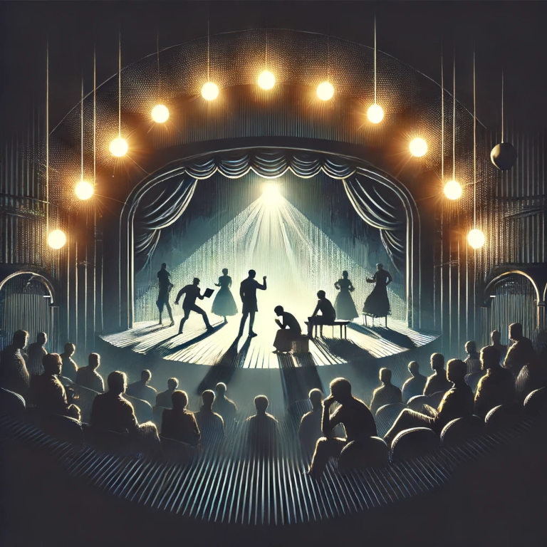 A sophisticated and tasteful graphic depicting an immersive theater experience, emphasizing dramatic lighting and audience interaction, without any text.