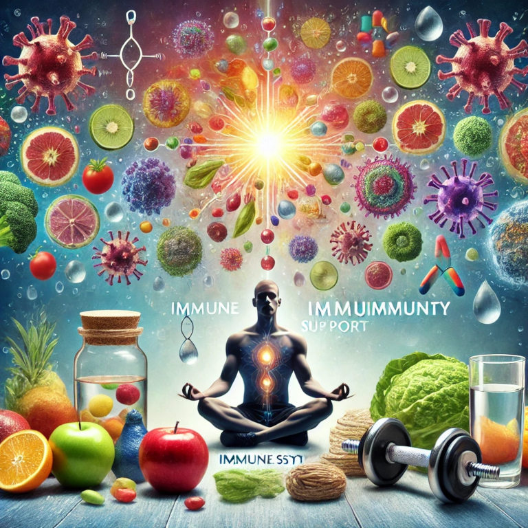 A vibrant and health-focused graphic featuring colorful fruits and vegetables, a person meditating, water, and exercise equipment like dumbbells. The background includes subtle images of cells and antibodies, symbolizing the elements of immune system support.