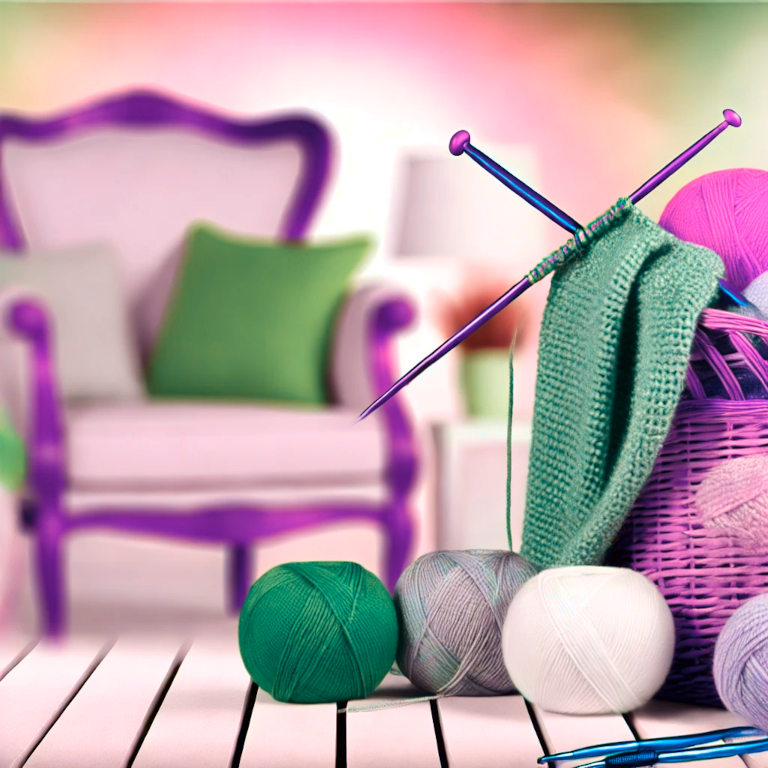 A cozy setting with balls of yarn in various colors, knitting needles, crochet hooks, and a partially completed knitted scarf and crocheted blanket. The background includes a comfortable chair and a basket filled with yarn, creating a warm and inviting atmosphere.