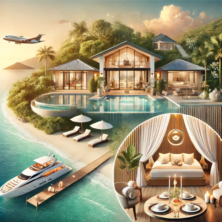 Elegant travel scene featuring a luxury private villa by the ocean, an opulent spa with wellness treatments, a gourmet dining setup, and a private yacht docked nearby, set against lush greenery and a pristine beach at sunset.