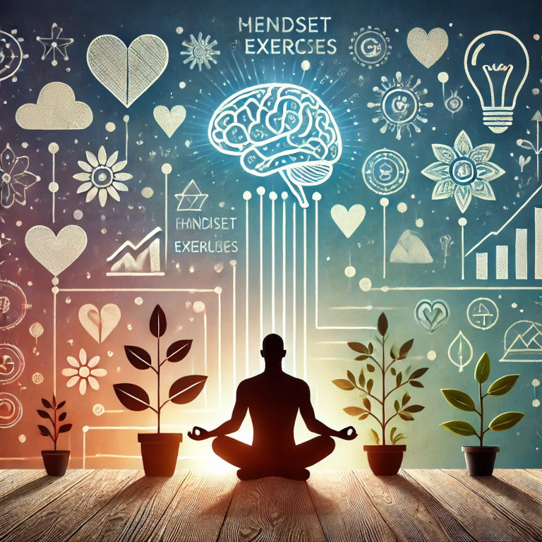 A visually captivating graphic featuring a person meditating, a silhouette with a brain highlighted, and icons representing growth, positivity, and mindfulness like plants growing, a heart, and lightbulbs, symbolizing mindset shifting exercises.