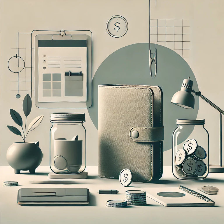 A visually captivating graphic featuring simple and clean lines, a minimalistic wallet, coins, and a savings jar. The scene includes a decluttered space with a sleek desk, a plant, and a laptop, symbolizing minimalism and financial simplicity.