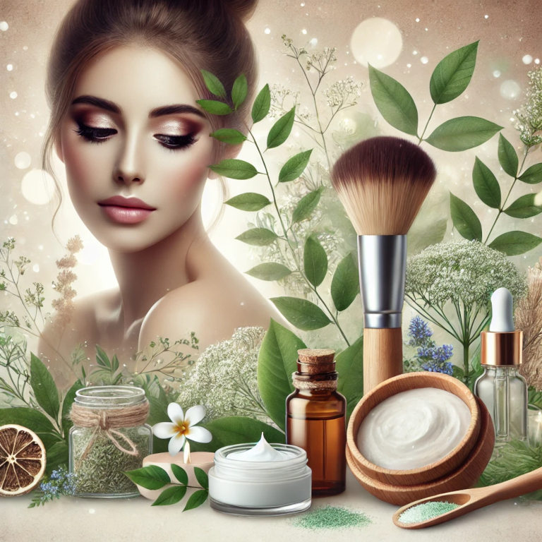 A serene setting with a woman with natural makeup, fresh herbs, and organic skincare products like jars of cream, essential oils, and natural brushes. The background features soft, natural light and greenery, creating a calm and refreshing atmosphere.