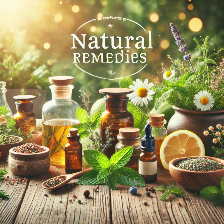 A collection of natural remedy elements such as herbal teas, essential oils, and fresh herbs like chamomile, peppermint, and lavender, arranged on a rustic wooden table. The background includes plants and natural light streaming in, creating a serene and health-focused atmosphere.