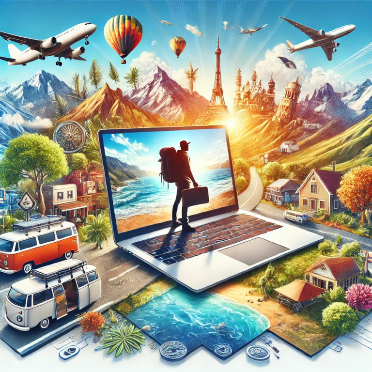 A visually captivating graphic featuring a person with a backpack, diverse travel destinations such as mountains, beaches, and cities, a laptop symbolizing remote work, and various modes of transport like a van and an airplane, symbolizing nomadic living.