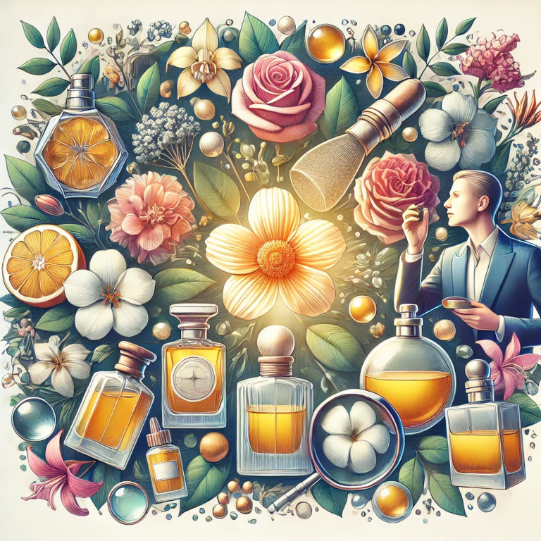 A visually captivating graphic featuring elegant perfume bottles, scent notes like flowers, citrus, and spices, and a person sampling a fragrance, symbolizing the luxury and sophistication of perfume reviews.