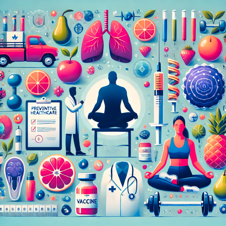 A visually captivating graphic featuring elements such as a person receiving a health check-up, healthy foods like fruits and vegetables, exercise equipment, a vaccine vial, and a person meditating, symbolizing preventive healthcare.