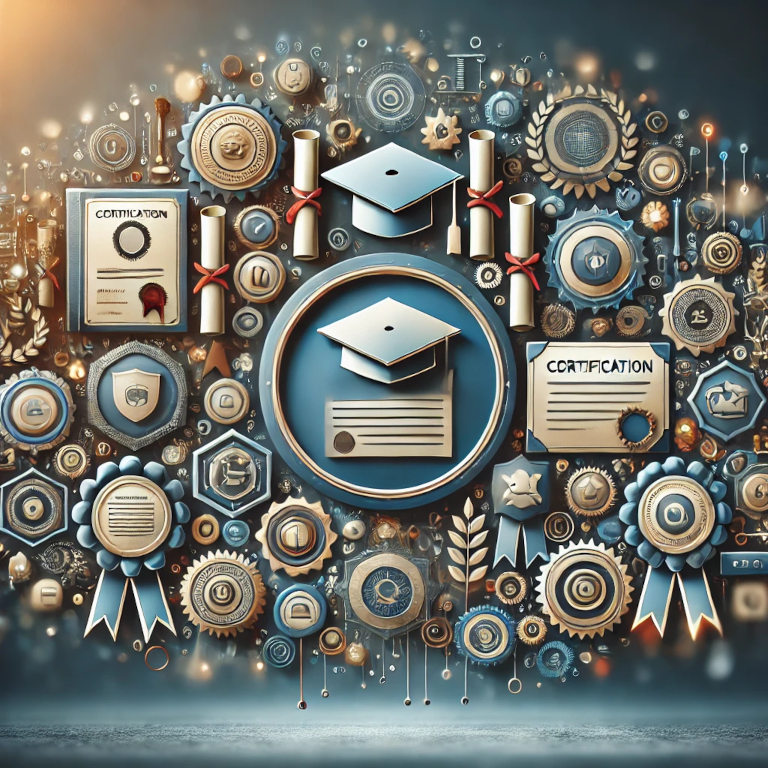 A variety of certification symbols and icons, such as diplomas, certificates with ribbons, and badges, arranged on a sleek, modern background.