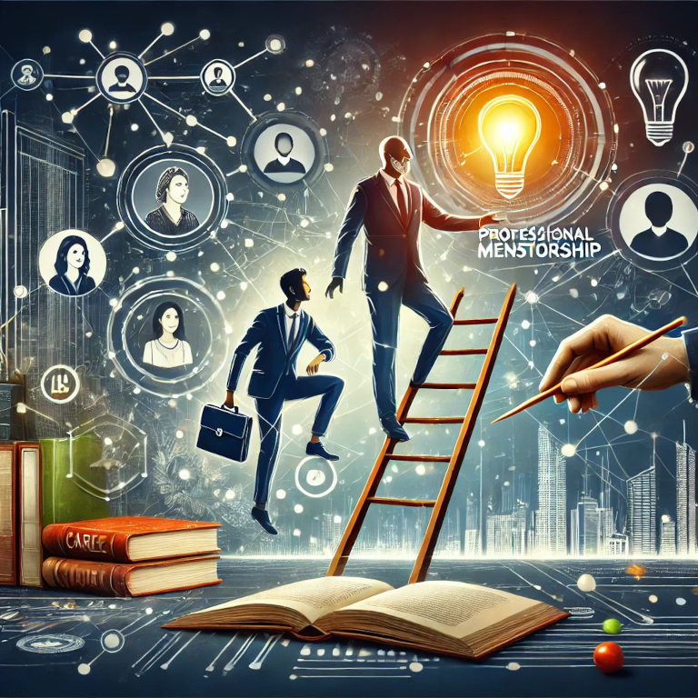 A visually captivating graphic featuring elements like a mentor guiding a mentee, a ladder symbolizing career growth, a network of connected people, and symbols of learning and development such as books and lightbulbs, symbolizing professional mentorship.