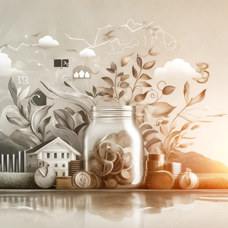 A serene landscape depicting elements of retirement planning including a savings jar, calendar, and investment symbols.