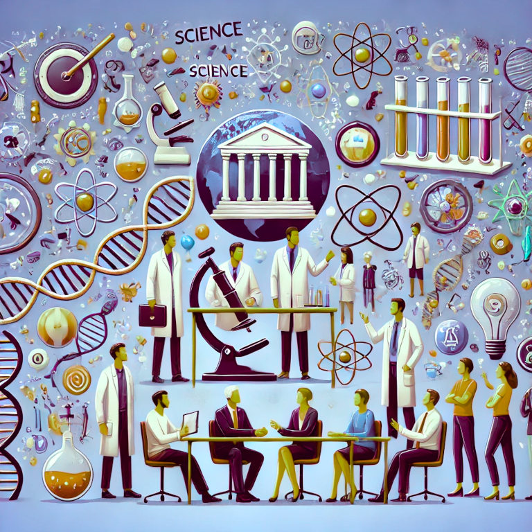 A visually captivating graphic featuring scientists discussing research, a policymaker receiving scientific advice, a public lecture or science festival, and symbols of science like test tubes, DNA strands, and a globe, symbolizing science advocacy.