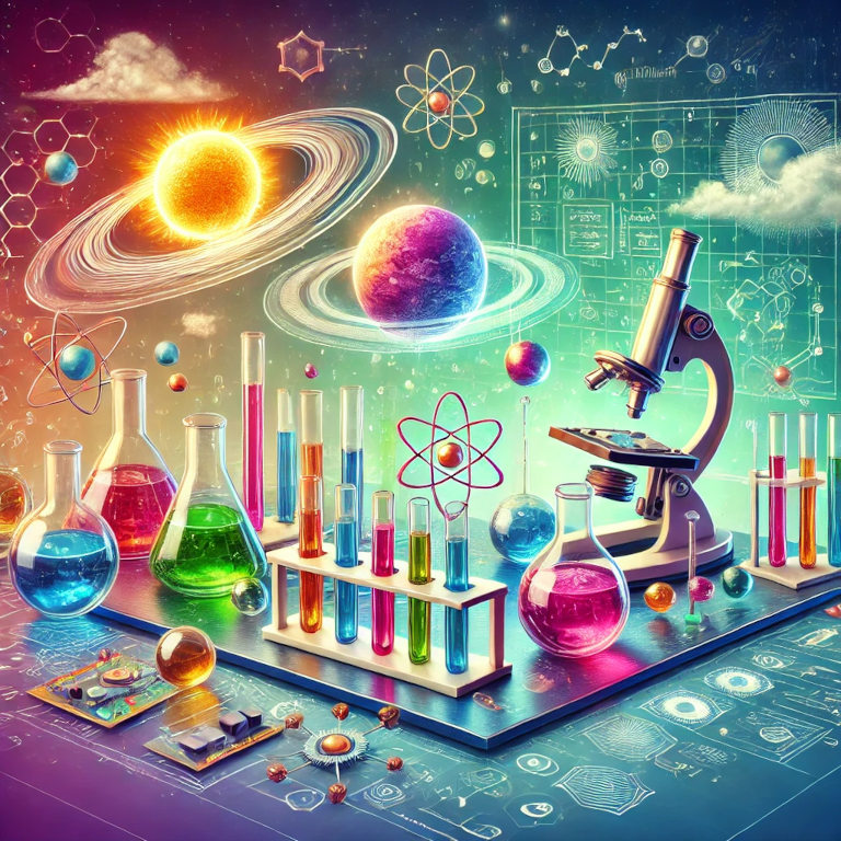 Vibrant laboratory setting with various science experiment setups including beakers with colorful liquids, a model of the solar system, a microscope, and a circuit board demonstrating electricity.