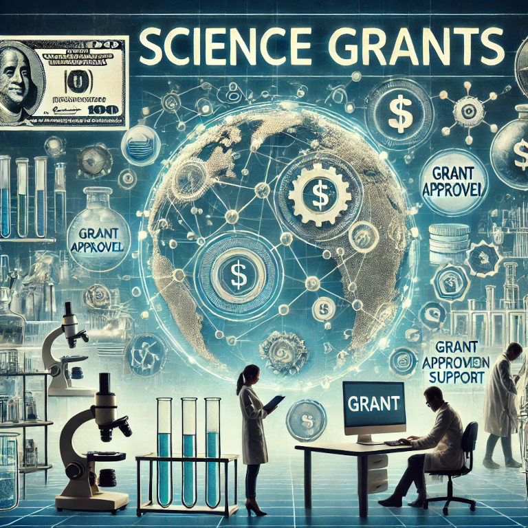 A research laboratory with scientists working on experiments, featuring microscopes, beakers, and scientific equipment. The background includes visual representations of financial support, such as stacks of money and grant approval stamps, symbolizing funding. The atmosphere is professional and innovative, emphasizing the importance of grants in scientific research.