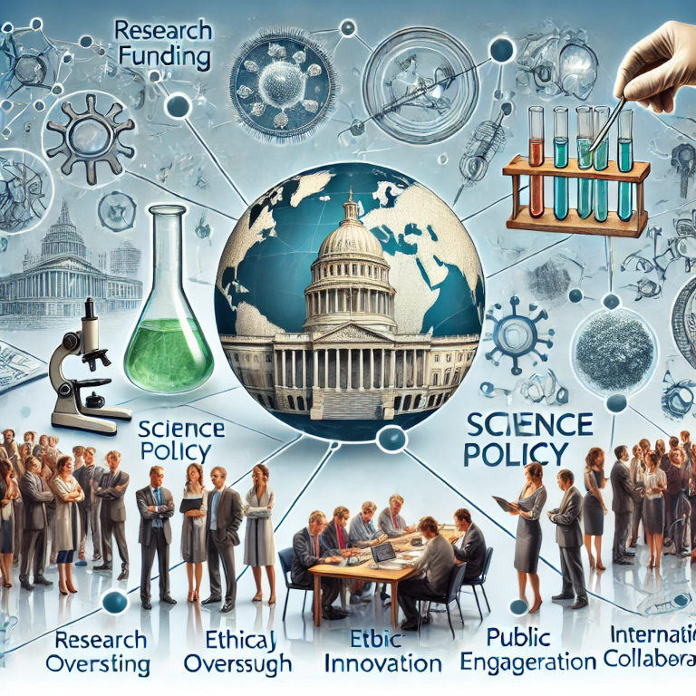 A visually captivating graphic featuring elements such as a scientist working in a lab, a government building, interconnected nodes symbolizing global collaboration, and a diverse group of people engaging with scientific content, symbolizing science policy.