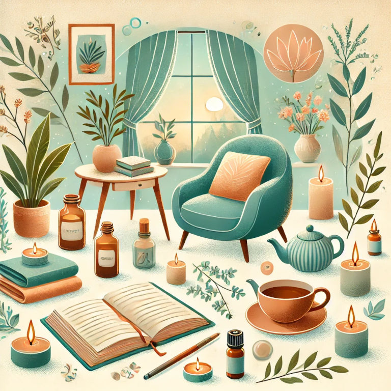 A serene setting with a cozy chair, a journal, candles, essential oils, and a cup of tea. Representations of activities like yoga, meditation, and reading are included. The background features soft natural light and greenery, creating a calming and relaxing atmosphere.