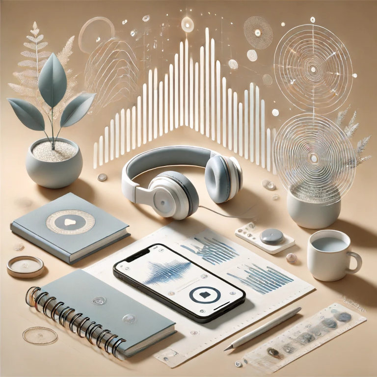 A tasteful and serene representation of self-help podcasts featuring headphones, a smartphone with a sound wave app, and elements symbolizing personal growth.