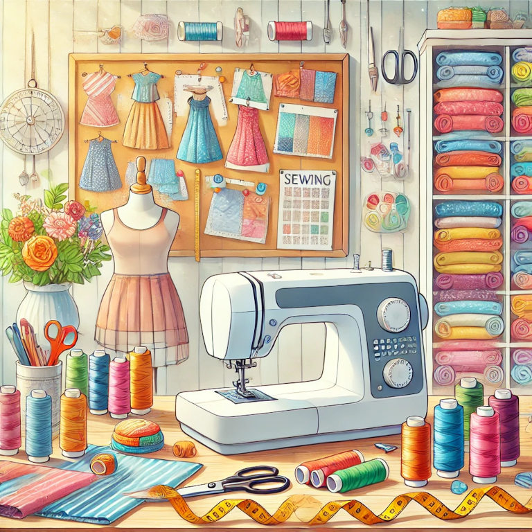 A well-organized sewing workspace with a sewing machine, colorful fabrics, spools of thread, scissors, measuring tape, and patterns laid out on a table, with shelves and a bulletin board in the background.